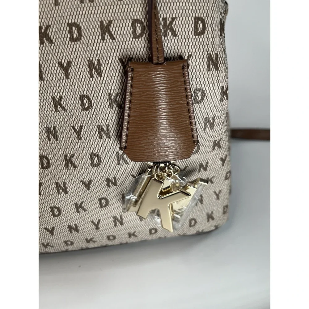 DKNY Bryant Dome Logo MD Round Satchel Bag Tan Brown